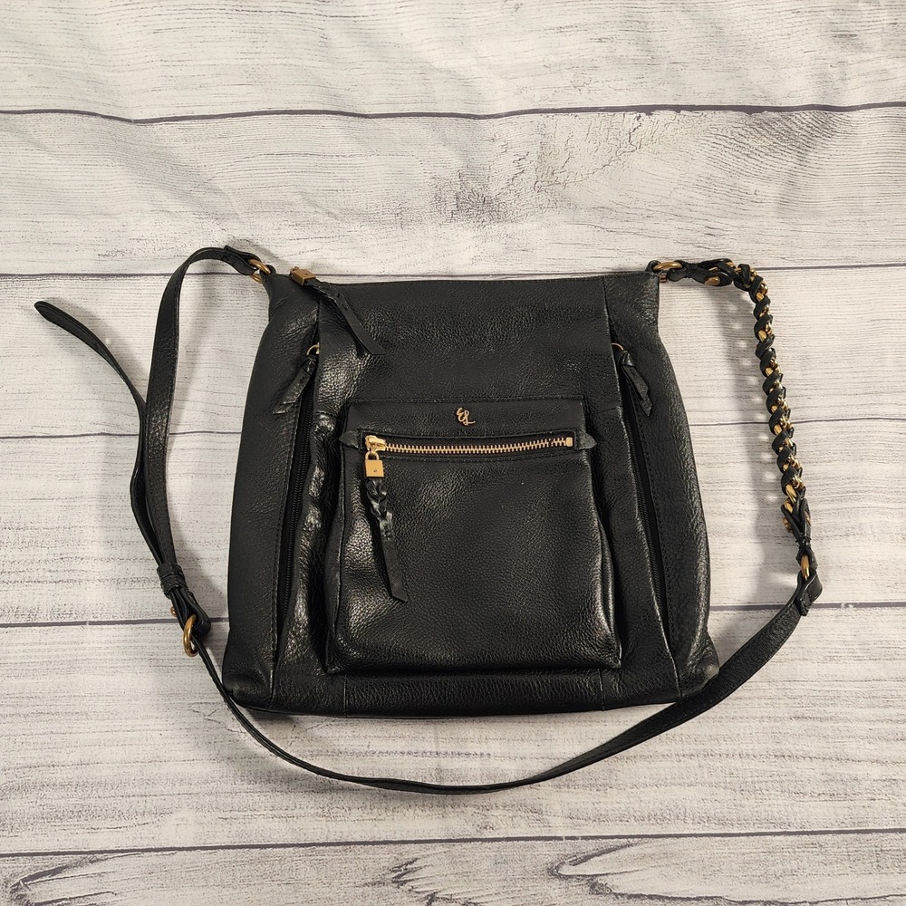 Elliott Lucca Gwen Black Pebbled Leather Crossbody Bag Gold Chain